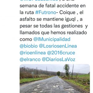 ¡IMPRESENTABLE!: A una semana de fatal accidente y a pesar de las gestiones realizadas el asfalto aun no es reparado en la ruta Futrono-Coique