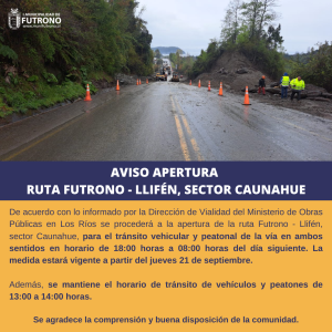 Aviso de apertura de ruta Futrono- Llifén, sector Caunahue